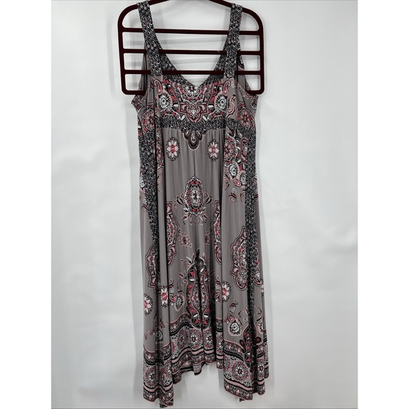 Y2K Style Maxi Dress XL Coral Gray Sleeveless Stretch Paisley Boho Cruise Wear - Picture 2 of 11
